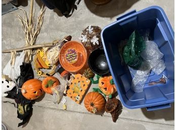 Lot Of Haloween Decor Incl Pumpkins, Table Top Decor  And More  Incl  Storage Tote With Lid