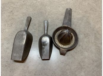 Two Aluminum Small Scoops And One Juicer