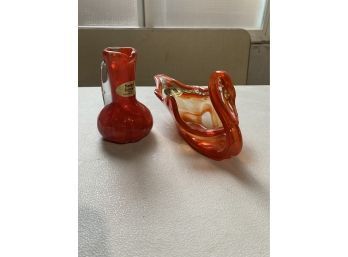 Red Swung Glass Swan Bowl & Pitcher  Mid Century Modern Hand Blown Art Glass Made In Durango Colo
