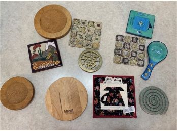 Lot Of  10 Trivets And Hot Pad Holder And A Spoon Rest