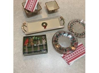 Lot Of Christmas Stuff  Tableware Incl Glass Plates, Serving Pieces And Paper Napkins