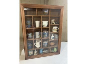 Vintage Wood Shadowbox With Collectibles Incl Bone China Cups, Souvenir Shot Glasses And Figurines