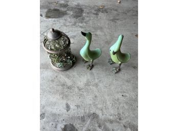 Two Teal Geese Garden Statues And Birdhouse With Greenery