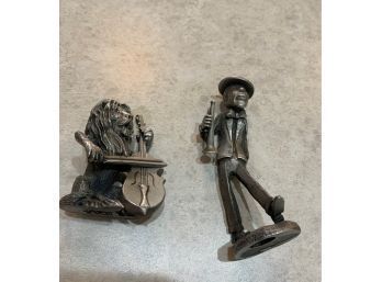 Hudson Pewter Figure Lion Playing A Cello 2' Tall And Man With Trumpet Pewter Figurine