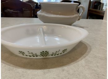 Vintage MCM Jeannette Glassbake Oval Divided Milk Glass Casserole Dish Green Daisies And Urn