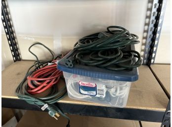 Lot Of Multiple Extension Cords Indoor And Outdoor Incl Storage Tub