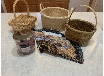 Lot Of 3 Smaller Wood/wicker Baskets And Unused Candle