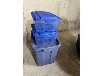 3 Blue Storage Totes Plastic Rubber Made  With Lids