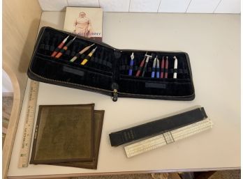 Vintage Architectural Drawing Tools In Leather Case, Ink Screens, Lawrence Deluxe Slide Rule In Case