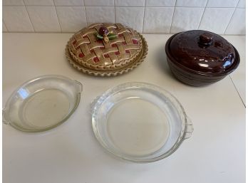 Lot Of Vintage Pie Pans Incl Red Cherry And Marcrest Stoneware
