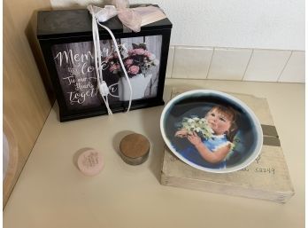 1981 Zolins Childrens Series Plate, Lighted Memories Sign, Dresser Boxes.