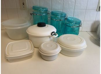 Lot Of Tupperware With Lids And Teal Blue Acrylic Canisters