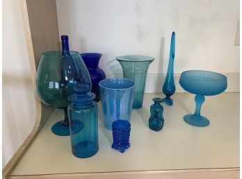 Large Lot Of Blue And Teal Colored Glass Vases And Bowl