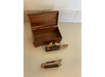 Cedar  Box W Brass Hinges,  2 Wood Whistles Appear Hand Carved