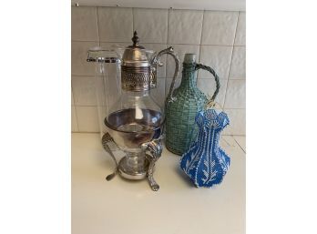 Vintage Antique Silver Plated Glass Coffee Tea Carafe Pot W Warmer Stand & Wicker Covered Rattan Bottle