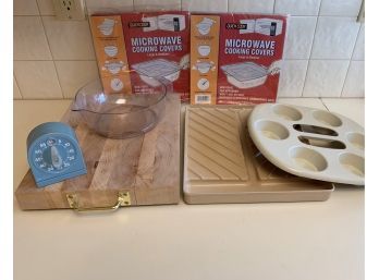 Lot Of Kitchen Items Incl Microwave Covers, Bacon Pan, Egg Timer And Cutting Board