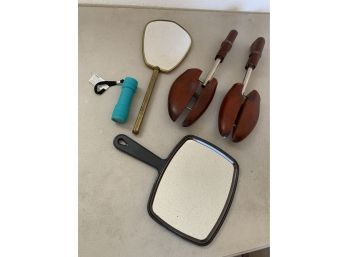 Two Hand Held Mirrors And Wood Shoe Keepers