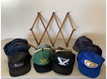 Vintage Strap Back Hat Caps Incl 50th Sturgis Anniversary, Redneck Trailer Supplies With Accordion Peg Rack