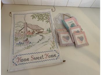Hand Made Cross Stitch Wall Hanging, Coasters, Doily
