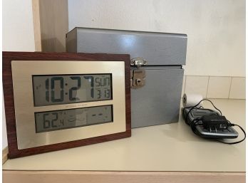 Old Metal Desk Box, Calculator And Clock