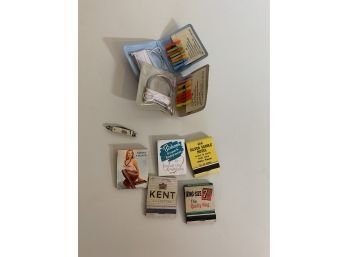 Vintage Matchbooks, Pinup, 7up, Pocketknife And 2 Small Travel Cloths Pins Kits W Mini Clothspins