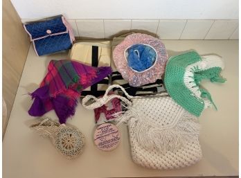 Lot Of Misc Ladies, Organizers, Scarf, Crochet Purse, Knitted Green & White Booties