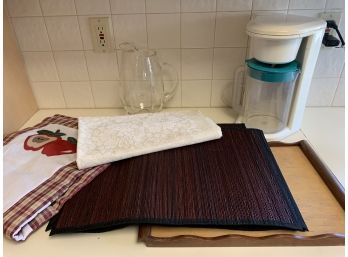 Wood Tray, Kitchen Linens, Placemats, Glass Pitcher