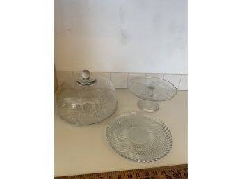 3 Cake/serving Plates, One Pedestal Style, One With Domed Cover