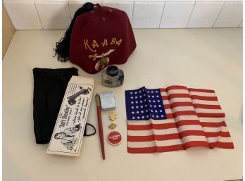 Shriner Hat, Vtg Lighter, Old Ink Bottle, Girl Scout Pin, Flag, Phone Rest & More!