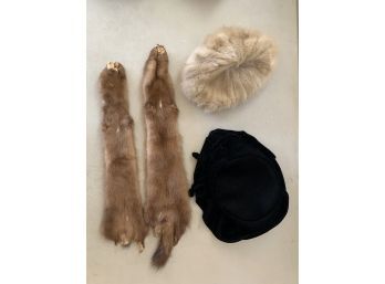 2 Fur Stoles And Two Ladies Hats All Vintage