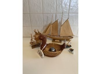 Two Vintage Wood Boats And Woven Wicker Duck
