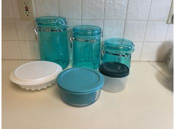 Lot Of Tupperware With Lids And Teal Blue Acrylic Canisters