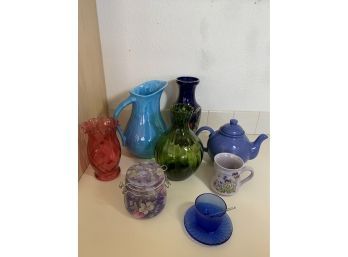 Mid Century Colored Vases, Incl Cranberry, Water Pitcher, Cobalt Tea Pot