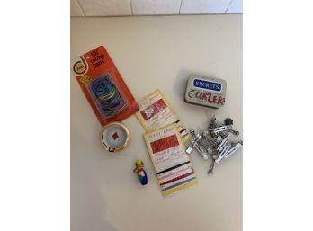 Misc Lot Incl Vintage Hair Curlers, Sucrets Tin, Lustre Ware Ashtray, And Sewing Kits
