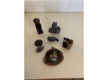 Lot Of Animal Figurines Incl A Raccoon Wood Wall Hanging
