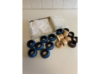 2 Sets Of Wood Napkin Rings, One Blue And One Wood Colored
