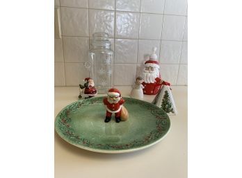 Lot Of Christmas Decor Incl Plate, Soap Dispenser, And Ornament