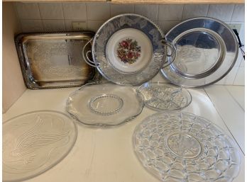 Vintage Lot Of Serving Trays Incl Academy Silver On Copper Tray, Glass
