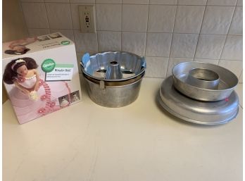 Vintage Wilton Wonder Mold Doll Cake Mold And Accessories.  Metal Pans And Pie Saver