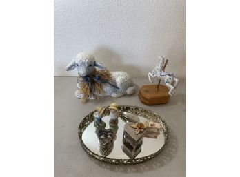 Vintage Mirrored Dresser Tray With 2  Trinket Boxes, 2 Figurines, A Vintage Shoe Horn W Advertising & More