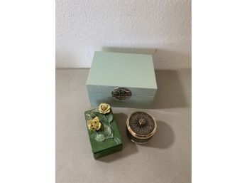 Vintage Trinket Boxes With Green With Yellow Roses And Powder Jar