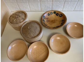 Lot Of Smaller Wood Bowls And Bamboo Steamers