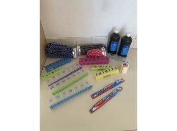 Pill Organizer/holder, Ice Packs, New Toothbrushes And Unopened Hydrogen Peroxide