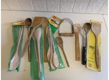 Lots Of Wood Spoons,many Unopened, 2 Wire Whips