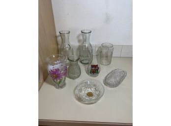 Water Carafes, Hand Painted Vase, Cut Glass, Anchor Hocking Early American Precut Glass