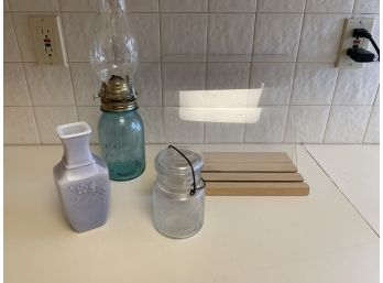 Canning Jar, Blue Ball Jar Lamp, Blue Vase, Cook Book Holder