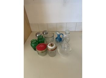 Glass Jars Incl Cheese Shakers, Green S&P Set,  Cruet W Glass Stopper, Canning Jar Incl Embroidered Top