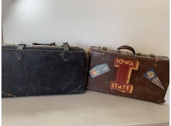 Two Vintage Leather Suitcases With Buckles And Iowa State Stickers