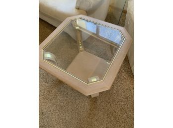 Solid Wood & Glass End Table With Brass Accents