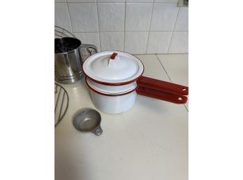 Red & White Enamel Ware Double Boiler With Lid, Flour Sifter, Strainer, Vtg Measuring Cup